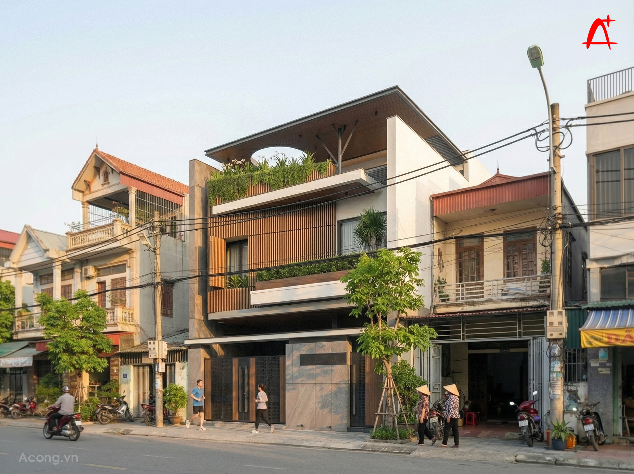 G&oacute;c nh&igrave;n ch&eacute;o c&ocirc;ng tr&igrave;nh nh&agrave; phố hiện đại nhiều c&acirc;y xanh, thiết kế chống nắng hướng T&acirc;y Nam hiệu quả.